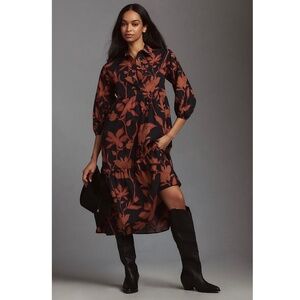 Anthropologie Maeve Bettina Tiered Shirtdress, black & orange, size L, EUC